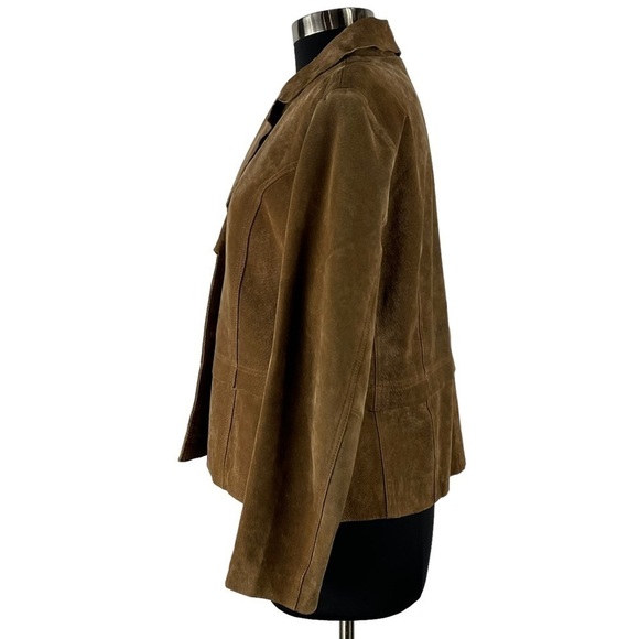 VINTAGE SUEDE LEATHER BROWN TWO BUTTON SCALLOP BLAZER JACKET COLDWATER CREEK - Picture 8 of 13
